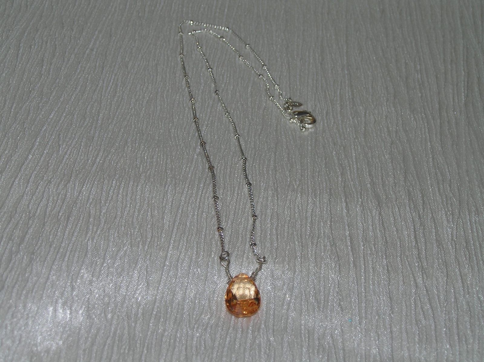 Primary image for Estate Avon Marked Dainty SIlvertone Beaded Chain & Faceted Orange Teardrop Pend