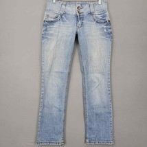 l.e.i Women Jeans Size 5 Juniors Blue Stretch Straight Distress Corset 2 Button - £9.62 GBP