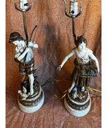 Old Vintage Cast Metal Spelter Figural French Table Lamps Set Flower Gir... - $343.13 CAD