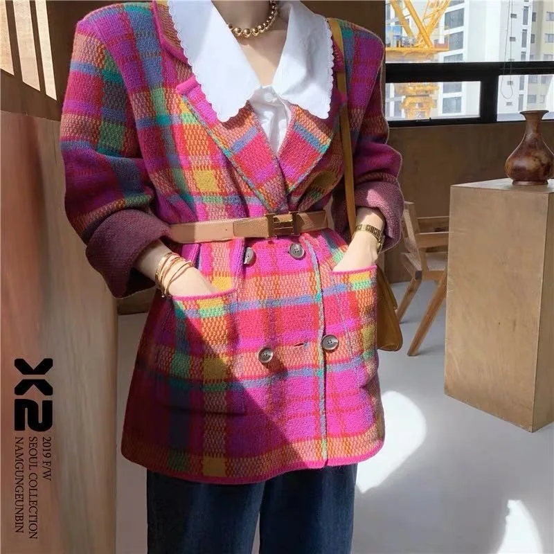 Korean Autumn Winter  Women Blazers and Jackets Vintage Fuchsia Loose Blazers Do - £269.52 GBP