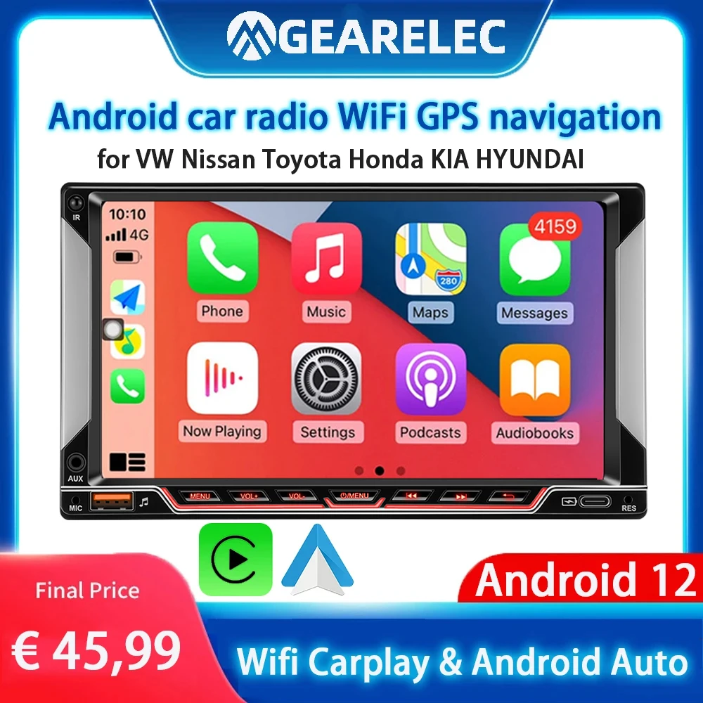 GEARELEC Wireless CarPlay Android Auto 2Din Car Radio Android 7&#39; Car Radio - £49.16 GBP+