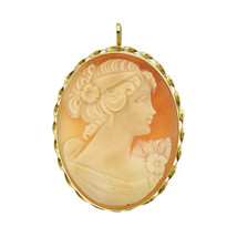 14k Yellow Gold Large Oval Cameo Portrait Vintage Pendant Brooch - £385.85 GBP