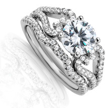 Round 925 Sterling Silver Heart Filigree Designed Engagement Bridal Ring Set - £79.92 GBP