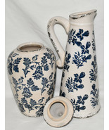 Blue White Ceramic Vase Jar 2pc Distressed Crackle Glaze Pitcher Vase Li... - £61.90 GBP
