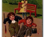 Comic Children Run From Playing Painted Bench Prank Embossed DB Postcard... - $8.86