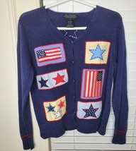 VTG Cardigan Sweater Patriotic Patchwork Embroidery M Cotton blend Y2K 9... - $28.71