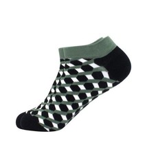 Olive Green, Black and White 3D Cubed Patterned Ankle Socks - £2.47 GBP