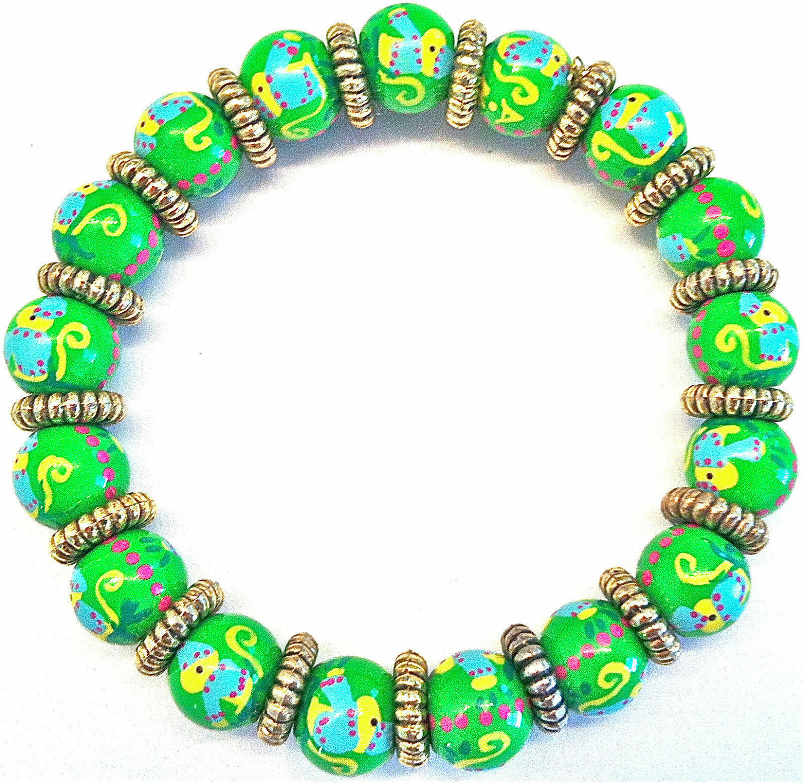 NEW ANGELA MOORE PETITE BEADED BRACELET GREEN W/ BLUE & YELLOW MONKEYS RED DOTS Item image 2