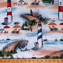 Cotton Beach Boats Lighthouses Ocean Vacation Fabric Print by the Yard D479.85 - £10.51 GBP