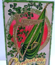 St Patrick&#39;s Day Postcard Irish Greetings Harp Flag Clover Gel Coat Flaking 1910 - £6.35 GBP