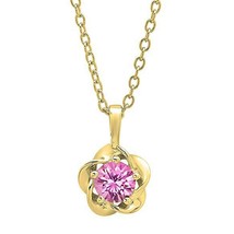 5mm Simulated Pink Sapphire Flower Pendant in Chain 14K Yellow Gold Plated X mas - £110.45 GBP