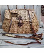 Vintage Fishing Creel Wicker Basket Shearling Lined Leather Strap Handmade - $127.27 CAD