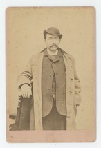 Antique Circa 1880s Cabinet Card Odd Looking Man in Suit &amp; Coat Wearing Hat - £9.52 GBP