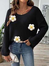 Flower Round Neck Long Sleeve Sweater - £20.86 GBP