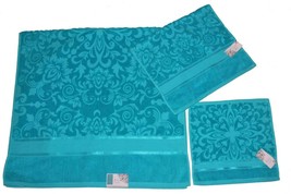3 Boho Turquoise Sculpted Velour Floral Bath Hand Towels Wash Cloth NWT - $39.99