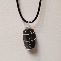Snowflake Obsidian Necklace, Black Polished Stone Pendant, Wire Wrapped Jewelry - £13.57 GBP