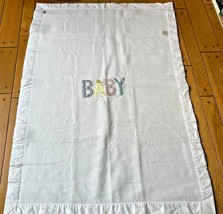 Quiltex White Baby Blanket White Satin Trim Pastel Baby Rattle Pin 50" x 35" EUC - £31.51 GBP