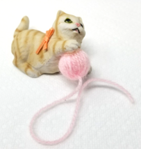 Kitten Playing with Yarn Figurine Brown Striped Green Eyes Ceramic Small Vintage - $18.95