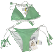 Becca Cheryl Triangle Reversible Bikini Medium Mint Green White Tassels New - £52.11 GBP
