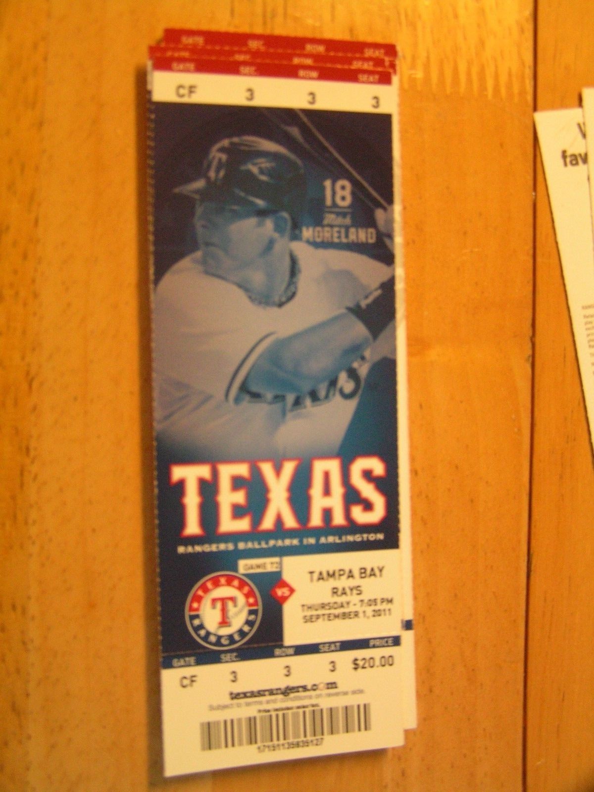 2011 Texas Rangers Full Unused Ticket Stub Vs Tampa Bay Rays 9/1 - £0.76 GBP