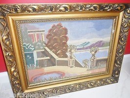 Vintage 1930s needlepoint of a villa and fountain, gorgeous frame - £193.88 GBP