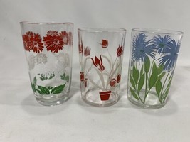 Floral Juice Glass Tumblers Glasses Red Tulips, Blue Flowers, Red Green White - $12.87