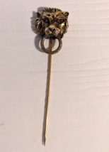 Gold Tone Rhinestone Eyes Lion Head Lapel Stick Pin Signed Art - £10.11 GBP