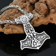 Odins Ravens Thors Hammer Viking Necklace Stainless Steel Valknut Pendant Chain - £23.17 GBP