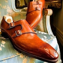Handmade Men&#39;s Tan Cowhide Leather Chiseled Toe Double Monk Dress Formal... - £102.86 GBP+