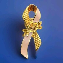 Breast Cancer Awareness Pink Ribbon Rose Gold Tone Enamel Pin By Avon - $9.95