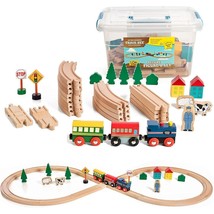 Deluxe 35 Piece Magnetic Wooden Train Set - Compatible With Major Brands, Comes  - £52.92 GBP
