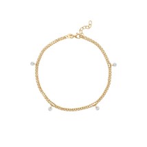 Double Strand Layered Bead &amp; Rolo Chain CZ Charm 14k Gold Plated Anklets 9&quot; - £75.54 GBP