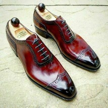 Men&#39;s Two Tone Maroon Black Oxford Premium Quality Leather Lace Up Shoes - £119.61 GBP+