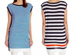 $185 Joan Vass Button Sides Tunic Top Medium 8 10 (Euro 1) Blue Stripe GR8 GIFT - £60.83 GBP