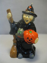 Halloween Figurine Candle Witch With Broom Stick Cat and Pumpkin - £7.86 GBP