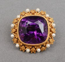 Antique Victorian 14k Yellow Gold Amethyst Seed Pearls Brooch Pendant 8.... - £2,233.50 GBP