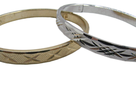 Set of 2 Vintage Gold Silver Tone Diamond Cut Hinge Snap Close Bangle Bracelets - $29.86