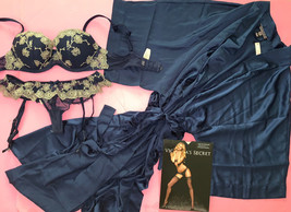 NWT Victoria&#39;s Secret 36C BRA SET+M garter thong+ROBE navy BLUE gold Emb... - £132.97 GBP