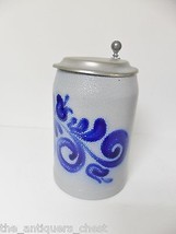 Salt Glazed covered unmarked German Beer Stein painted with cobalt - £50.49 GBP