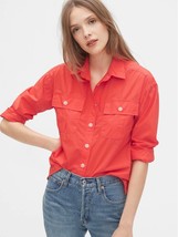 New Womens Gap Camp Shirt S 100% Cotton Button Neon Coral LS Pockets Ora... - £18.83 GBP