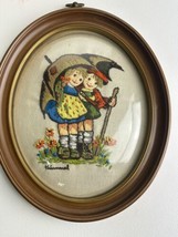 Vintage 70s Framed Finished Crewel Hummel Embroidered Rainy Day Umbrella... - $19.79