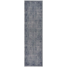 8&#39; Blue Silver Gray And Cream Damask Distressed Runner Rug - $138.55