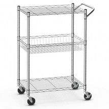 3-Tier Storage Trolley Utility Cart Heavy Duty Wire with Handle Bar - £92.66 GBP