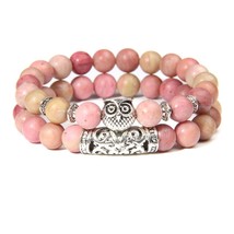 2pcs/set Natural Pink Zebra Stone Beads Bracelet Women Fashion Owl Charm Lucky E - £10.59 GBP
