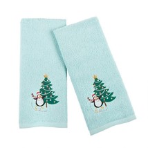 Hand Towels Penguins Christmas Tree Cotton Set of 2 Embroidered Guest Bathroom  - £31.23 GBP