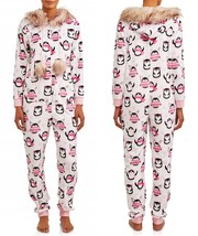 NEW Penguin One Piece Pajamas FUR HOOD size MEDIUM Women Union Suit Zip ... - $41.99