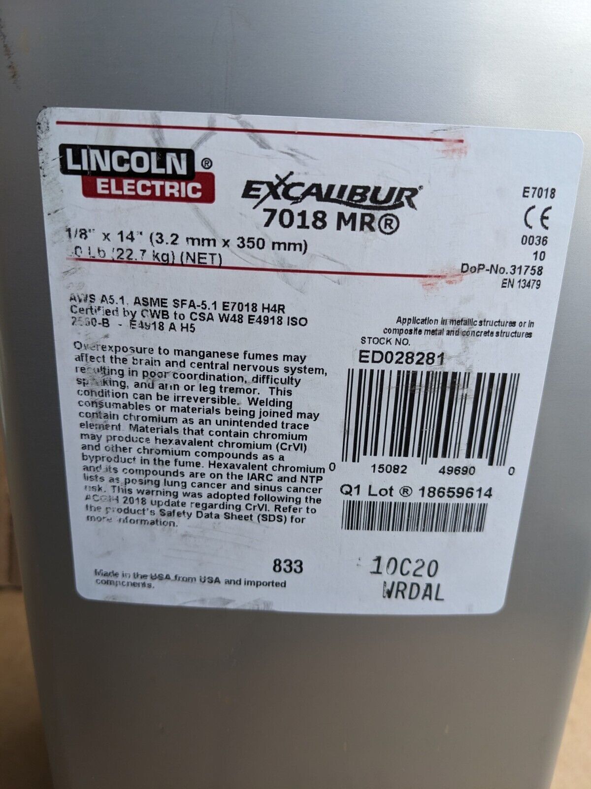 New Lincoln Electric Excalibur 1/8" x 14" Welding Rods 7018MR ED028281 50 lb Can Welding Rods