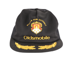 Vtg 80s General Motors GM Oldsmobile Spell Out Gold Leaf Trucker Hat Black USA - £46.50 GBP