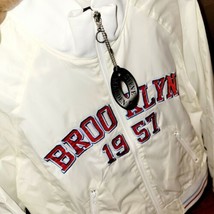 Brooklyn 1957 Womens Medium Varsity Bomber Beige Jacket Hip-Hop Y2K, Long Island - £79.04 GBP