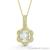 Flower Charm Round Cut CZ Crystal Pave Necklace Pendant in Solid 14k Yellow Gold - £119.45 GBP+